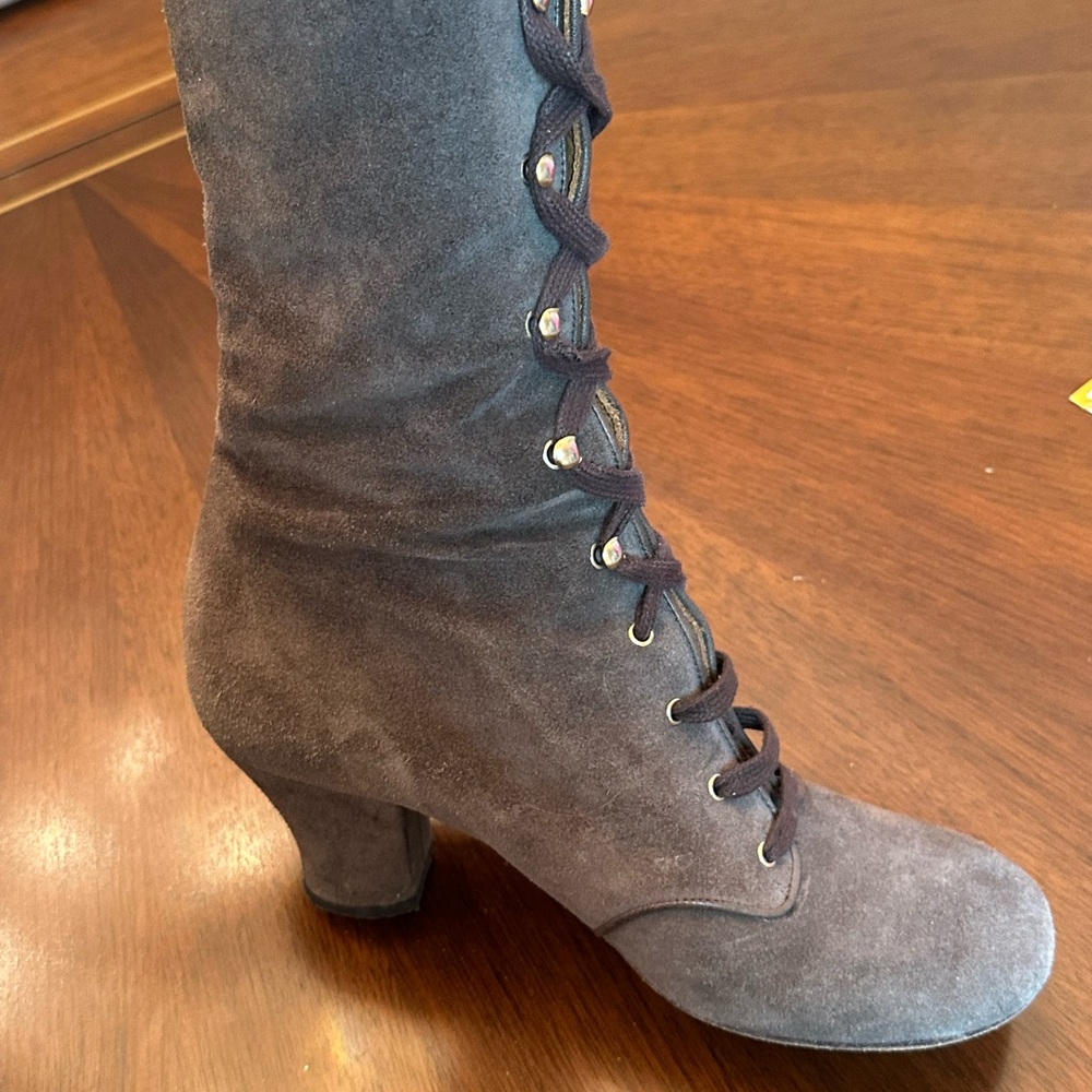 Genuine Suede Lace-Up Knee-High Boots Gold Hardware Italy - Picture 3 of 11